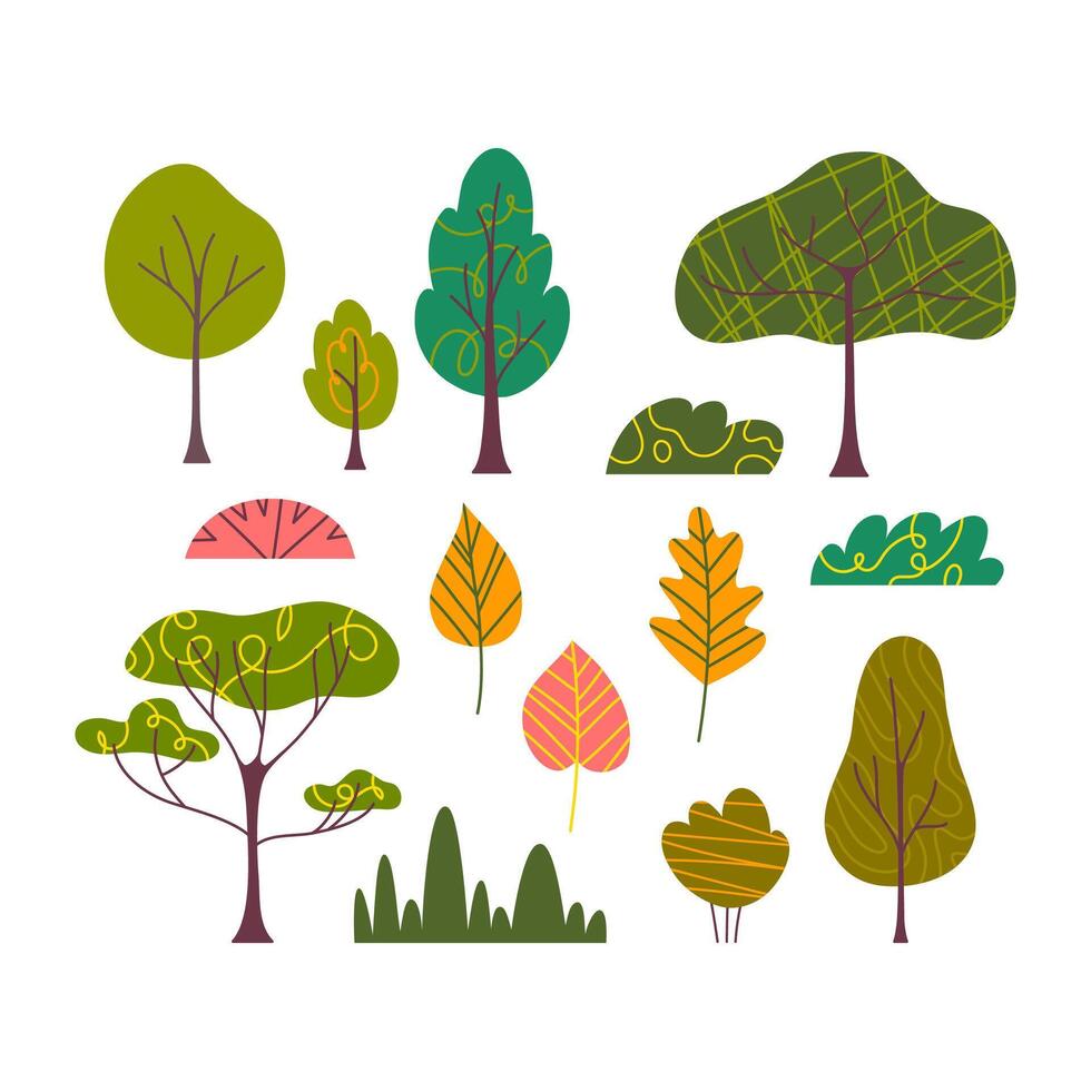 desenho animado cor outono árvores e arbustos definir. vetor