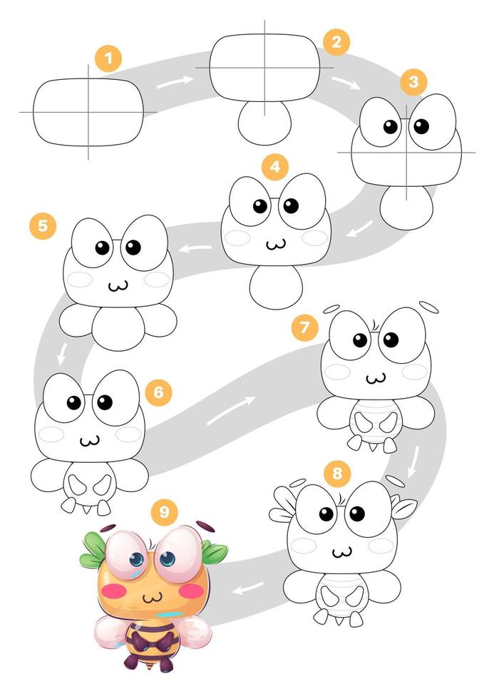 Tutorial de desenho fácil de desenho animado personagem de desenho animado. vetor