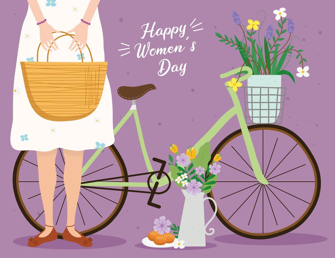 cartão de letras feliz dia das mulheres com uma mulher levantando cesta e bicicleta vetor