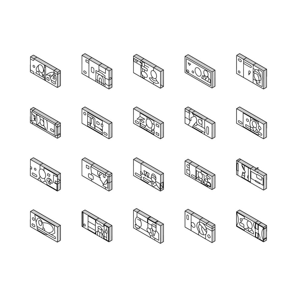 moeda internacional finança isométrico ícones conjunto vetor