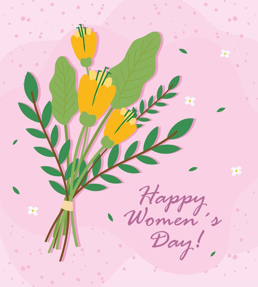 cartão de letras feliz dia das mulheres com buquê de flores vetor