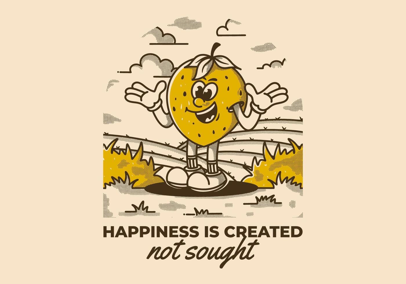 felicidade é criada não procurado. personagem do uma feliz morango dentro a jardim vetor