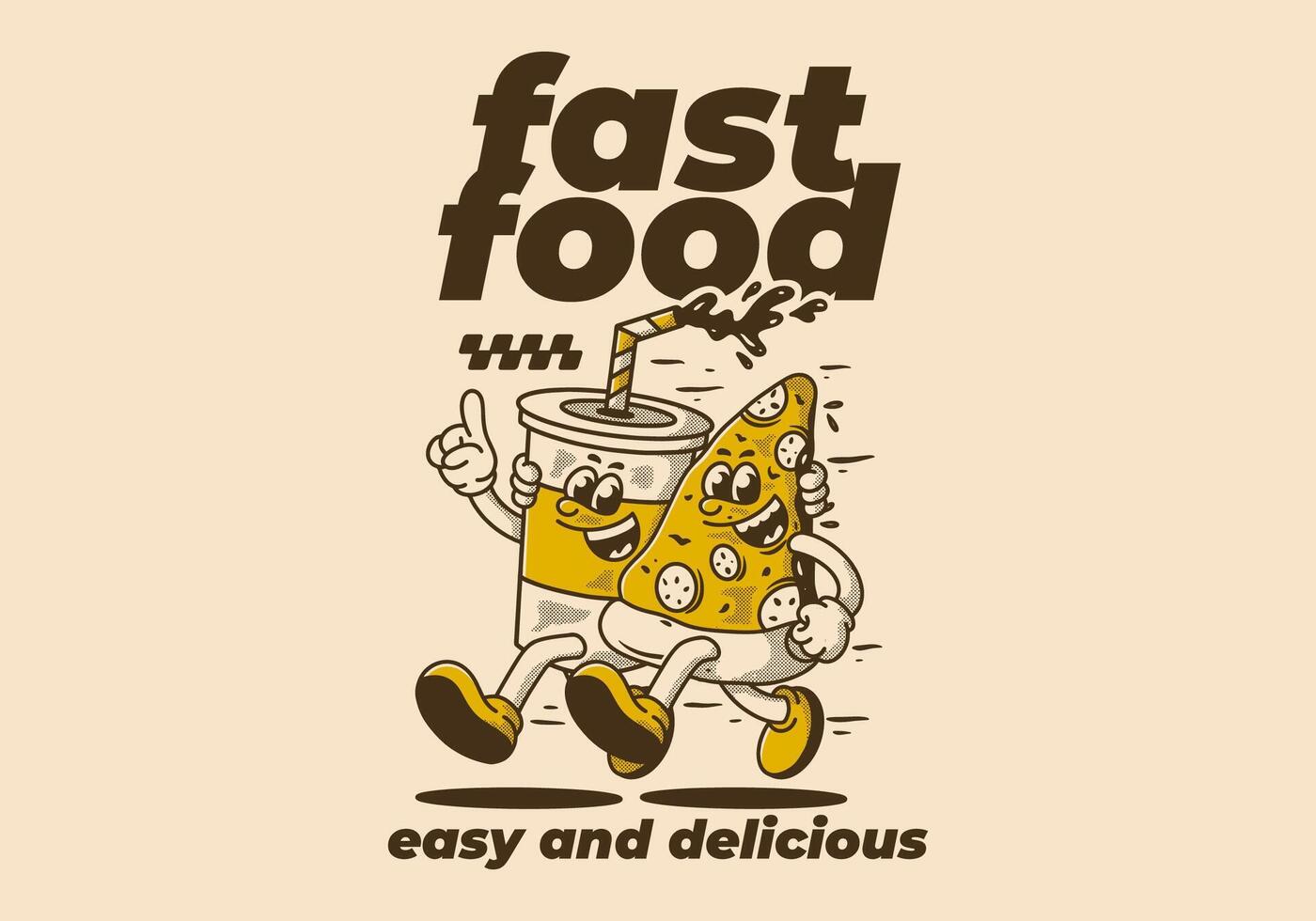 velozes comida, fácil e delicioso. personagem ilustração do corrida pizza e suave beber vetor