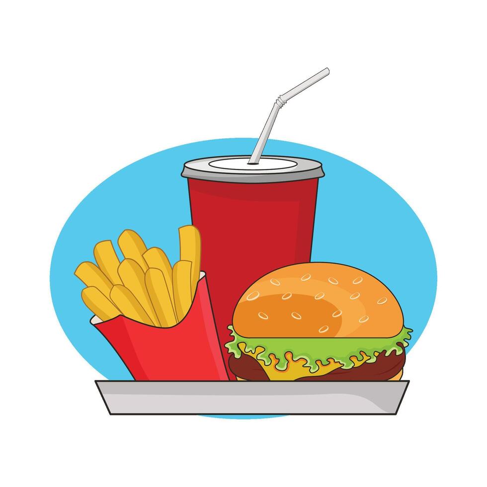 ilustração do hambúrguer, fritas e beber vetor