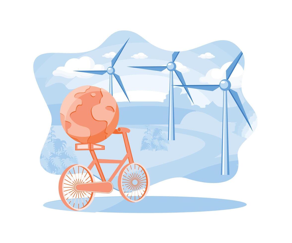 sustentável econômico crescimento e renovável energia. ecológico área com moinhos de vento e bicicletas. sustentável econômico crescimento com renovável energia e natural Recursos conceito. vetor