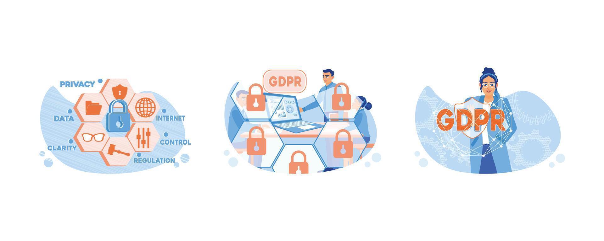 geral dados proteção regulamento. homem com computador portátil conjunto geral dados proteção. em processamento do pessoal dados. gdpr conceito. conjunto plano vetor ilustração.