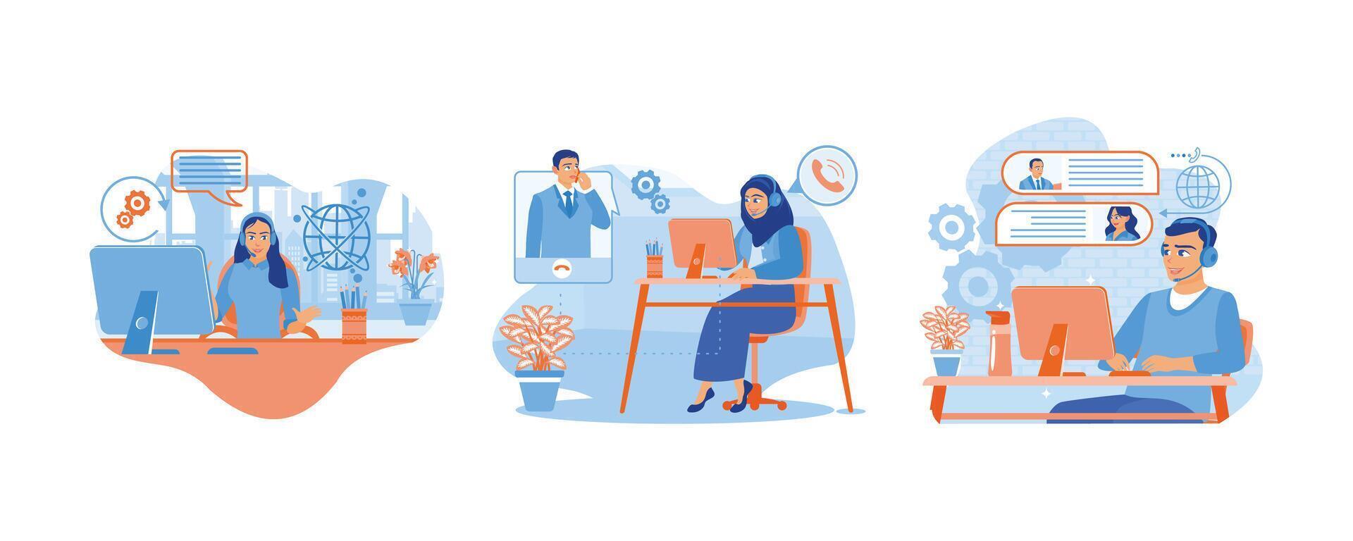muçulmano mulher cliente serviço vestindo hijab. conectados global técnico apoiar. mulher com telefone chamando para cliente Apoio, suporte serviço conceito. conjunto plano vetor ilustração.