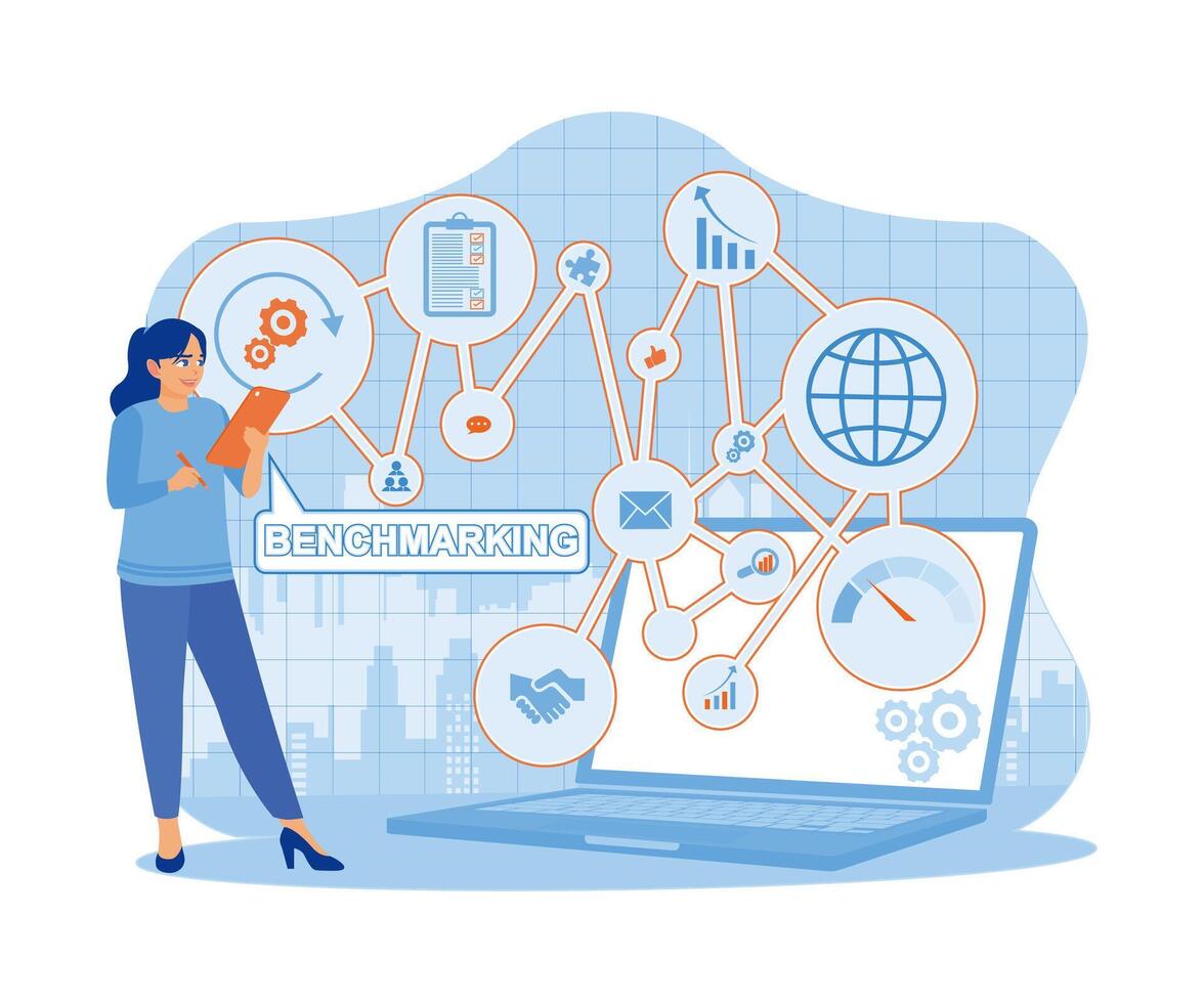 empresária usando tábua e computador portátil. a avaliação comparativa ícone parece em a computador portátil tela. avaliação comparativa conceito. plano vetor moderno ilustração