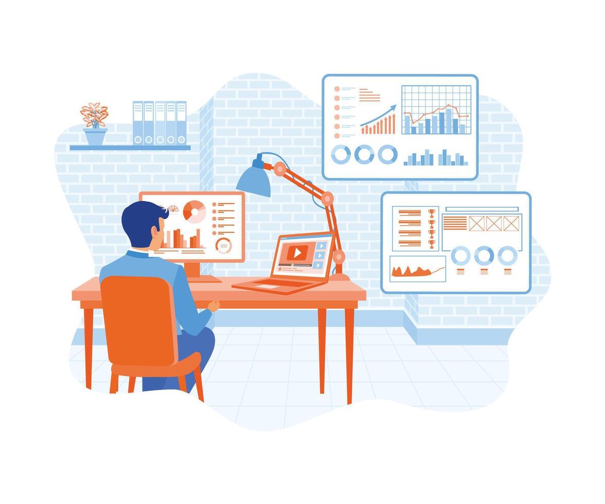 masculino homem de negocios analisando dados em uma computador tela. homem trabalhando dentro moderno escritório. o negócio análise conceito. plano vetor ilustração.
