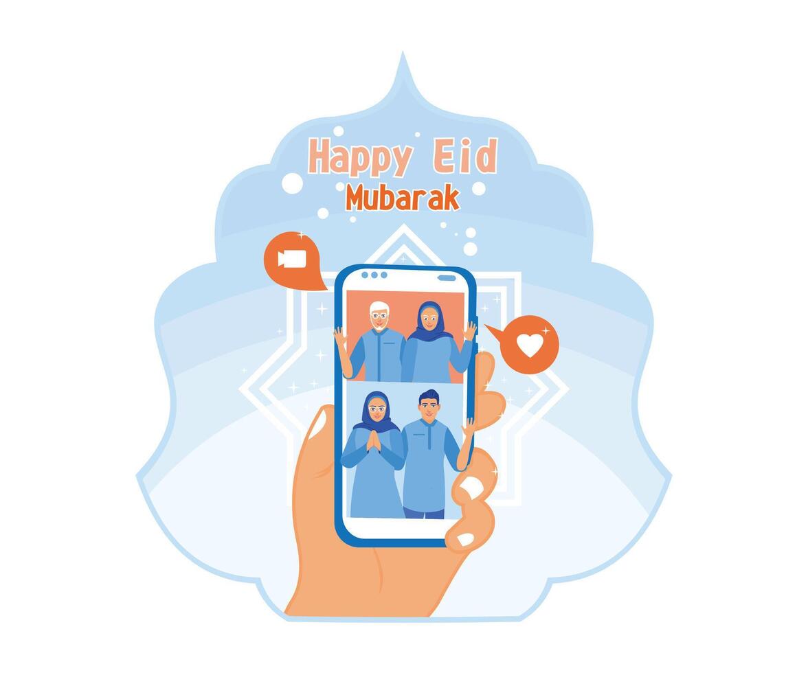 muçulmano família comemora eid al fitr junto. faço telefone chamadas para peça desculpas para cada outro. feliz eid Mubarak conceito. plano vetor moderno ilustração