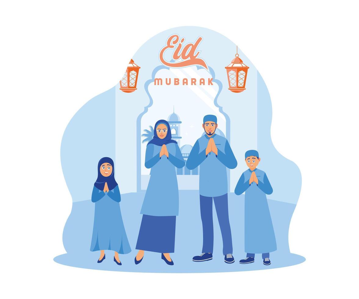 muçulmano família dentro Coincidindo azul roupas. acolhedor eid al-fitr com alegria. feliz eid Mubarak conceito. plano vetor moderno ilustração