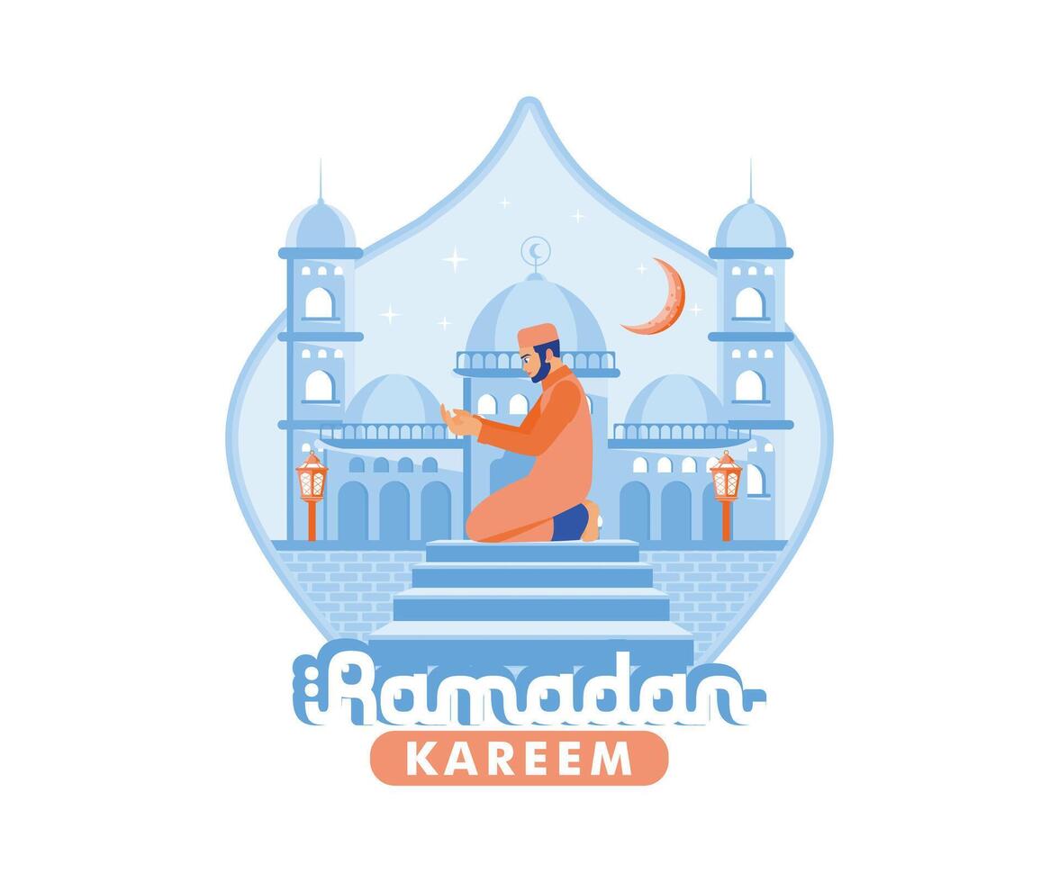 adulto homem Rezar em escadaria. mesquita e crescente lua dentro a fundo. Ramadã kareem conceito. plano vetor ilustração.