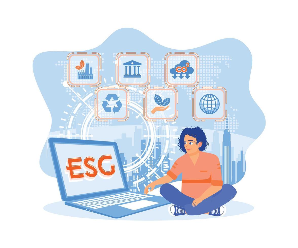 o negócio pessoas usar uma computador portátil para analisar esg dados. sustentável econômico crescimento com renovável energia e natural Recursos conceito. plano vetor ilustração.