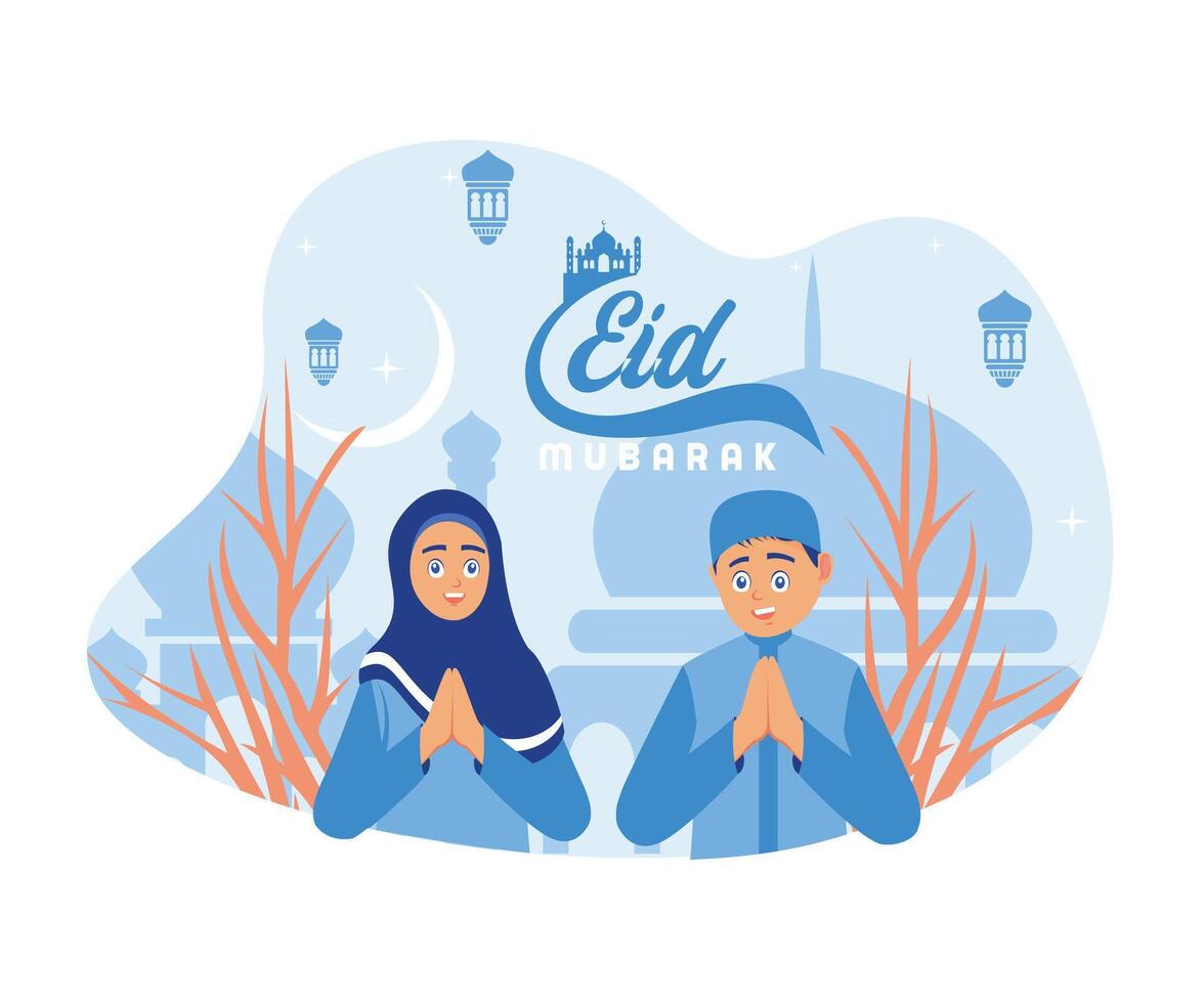 feliz muçulmano Adolescência casal acolhedor e a comemorar eid al fitr. feliz eid Mubarak conceito. plano vetor moderno ilustração