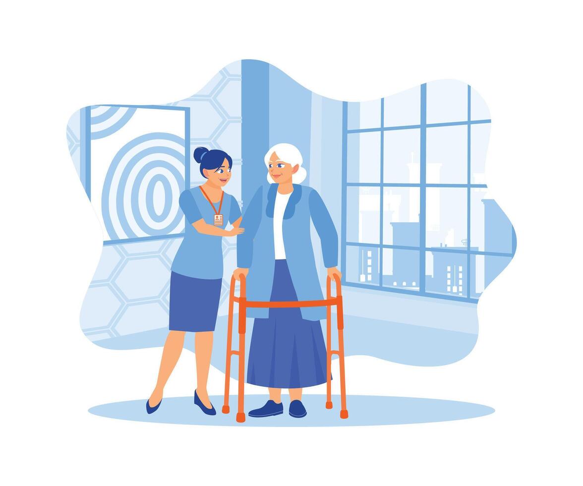 uma enfermeira é ajudando uma Senior mulher com uma bengala. uma jovem cuidador ajuda uma Senior mulher andar. idosos paciente concept.flat vetor ilustração.