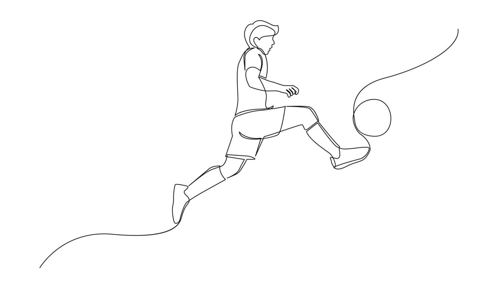 contínuo linha desenhando do futebol jogador saltar e mosca para chutando bola. solteiro 1 linha arte do jovem homem jogando futebol bola vetor