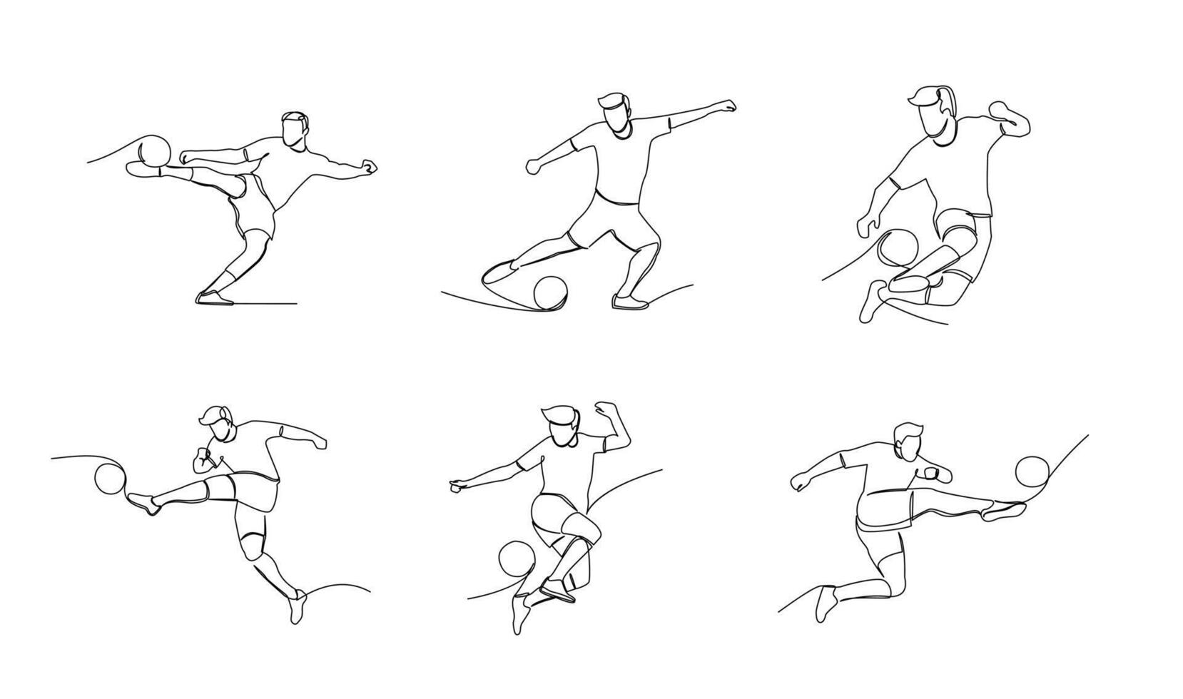 contínuo linha desenhando do futebol jogador saltar e mosca para chutando bola. solteiro 1 linha arte do jovem homem jogando futebol bola vetor