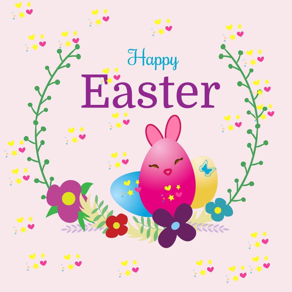 feliz Páscoa dia celebração cumprimento cartão com colorida Páscoa ovo e Primavera flores vetor