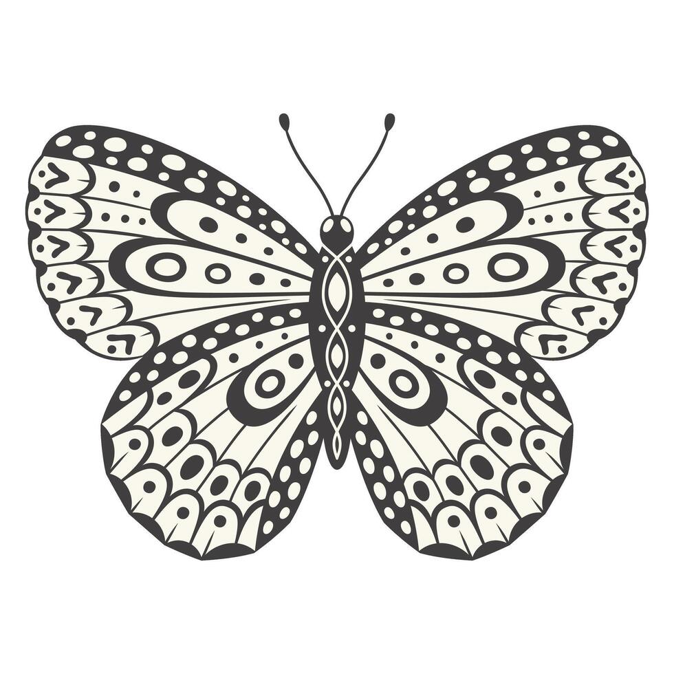 borboleta ilustração, vetor. ano 2000 estilo estética, asa formas dentro frente visualizar, uma Magia ornamental símbolo com pontos e linhas padronizar. Preto e branco monocromático elemento, tatuagem gráfico impressão vetor