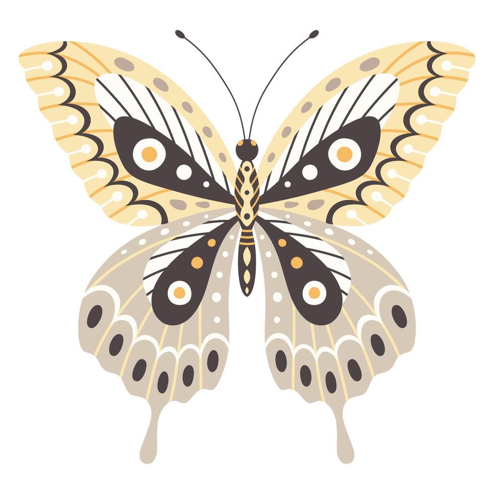 borboleta vetor ilustração. colorida asas com onda e pontos abstrato ornamento, frente visualizar, uma símbolo para tatuagem Projeto. verão fundo, mosca inseto