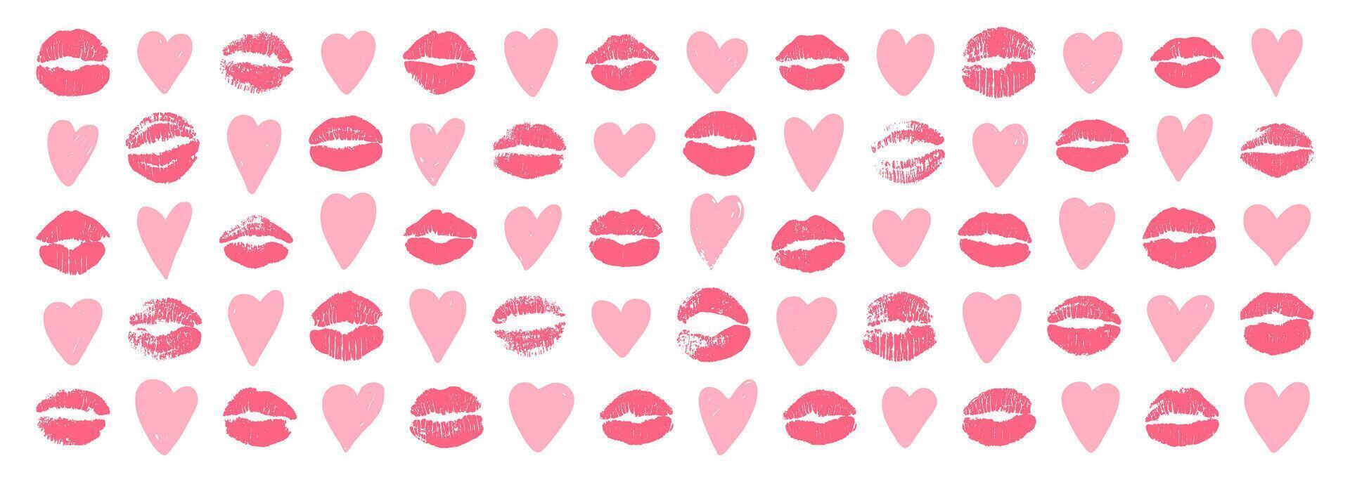 conjunto do corações e beijo marcas dentro Rosa cores. símbolos do dia dos namorados dia. amor, romântico, e beleza temas. vetor ilustração