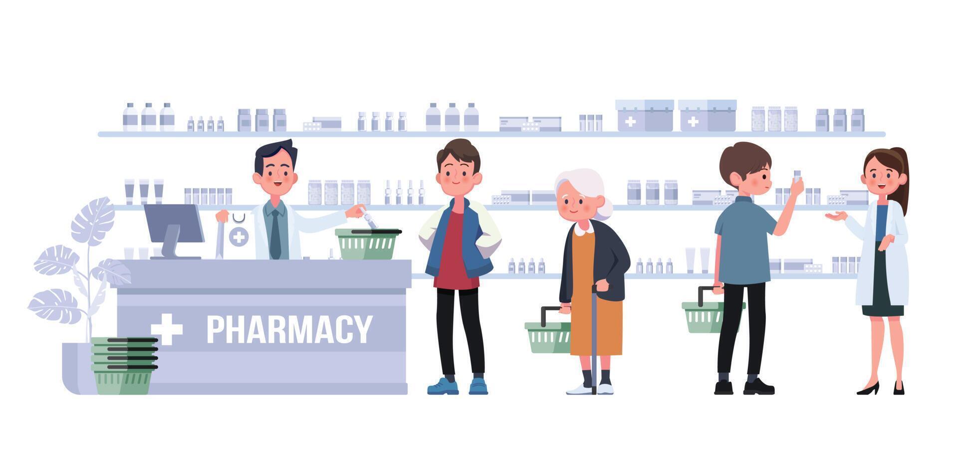 farmácia com farmacêutico e cliente no balcão. ilustração vetorial de design de personagem de desenho animado de farmácia vetor