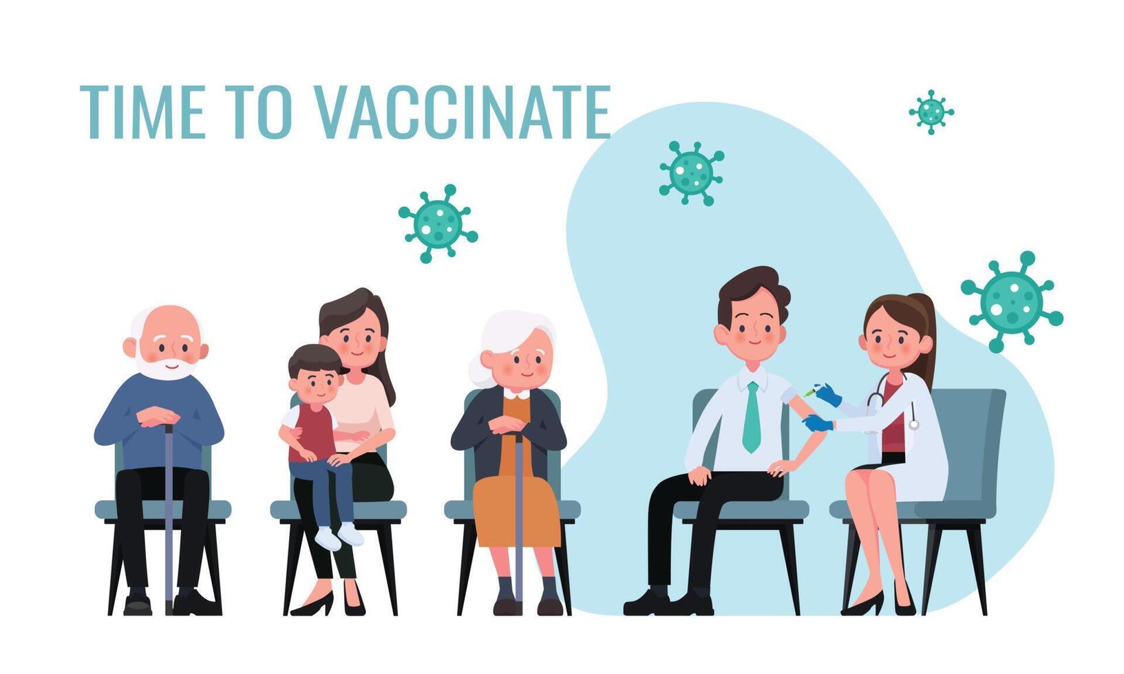 médico faz a injeção do gripe vacina para homens dentro hospital. pacientes estão esperando dentro linha. assistência médica, coronavírus, COVID-19, prevenção e imunizar. vetor
