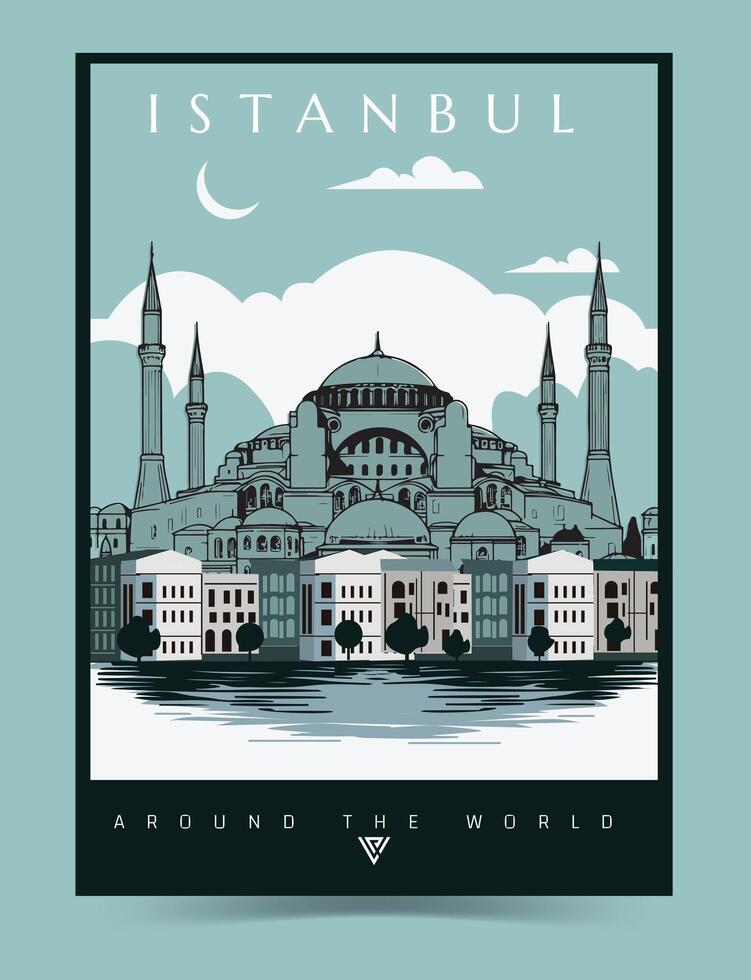 Istambul cidade poster ilustração. por aí a mundo, paisagem urbana e Horizonte vintage poster arte do Istambul cidade com haya Sofia vetor