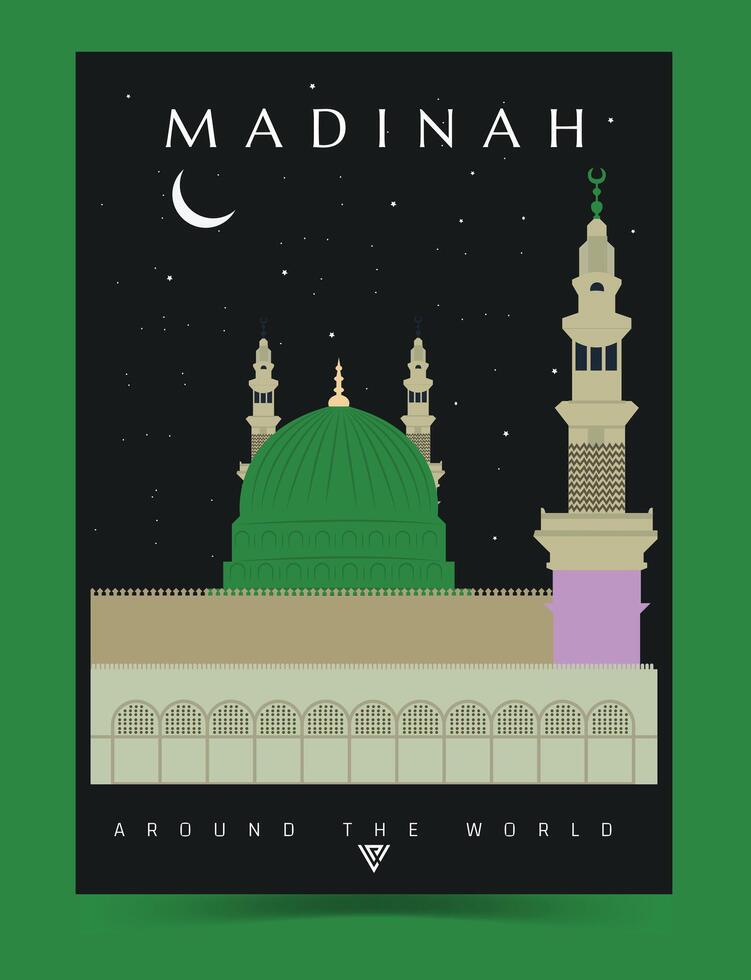 madinah cidade poster ilustração. por aí a mundo, paisagem urbana e Horizonte vintage poster arte do madinah cidade com masjid e nawabi. vetor