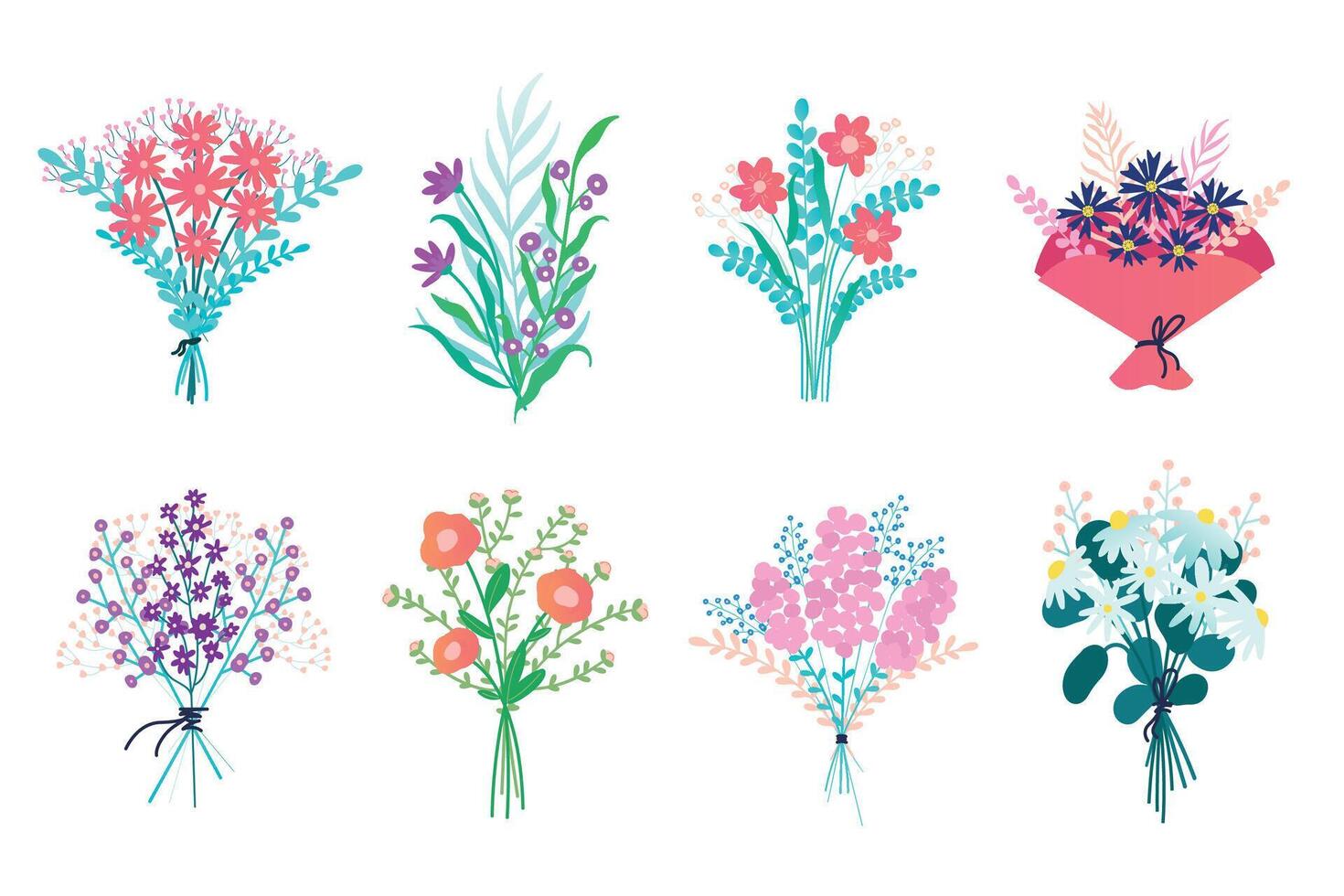flor ramalhete. desenho animado grupo do floral decorativo elementos, florescendo plantas com folhas e flores para floral aniversário cartão. vetor isolado conjunto