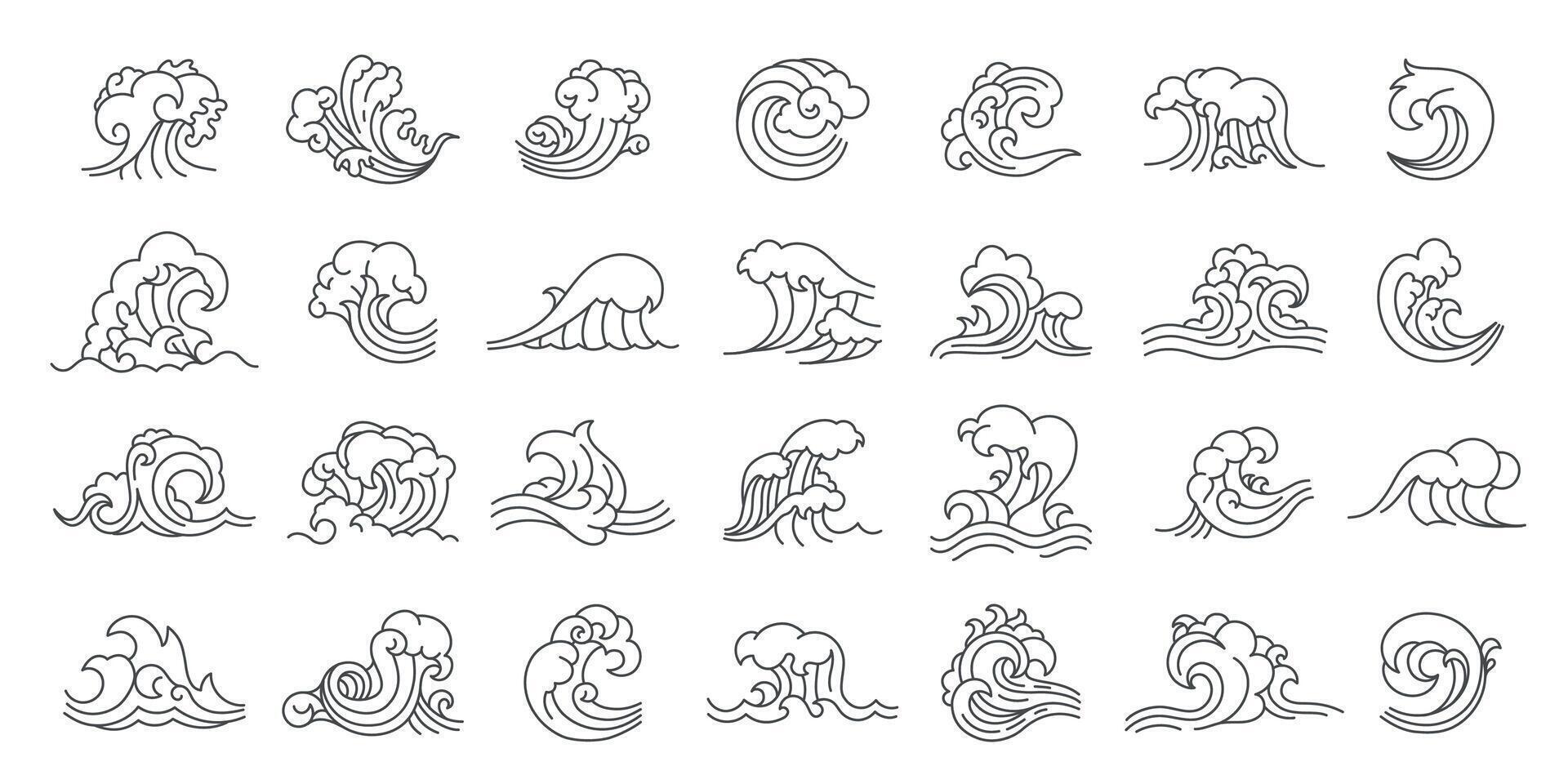 japonês linha ondas ícones. oriental em linha reta linha onda pictogramas, abstrato linear água decorativo ornamental elementos. vetor tradicional isolado coleção