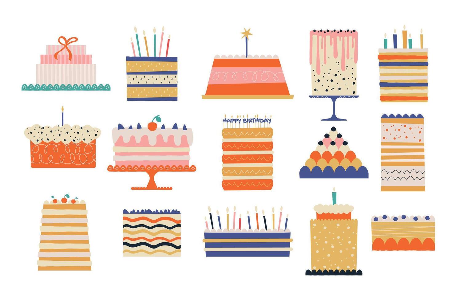 aniversário bolos. desenho animado doce sobremesas com colorida decorações, criativo padaria produtos para festa celebração, delicioso pastelaria. vetor plano conjunto