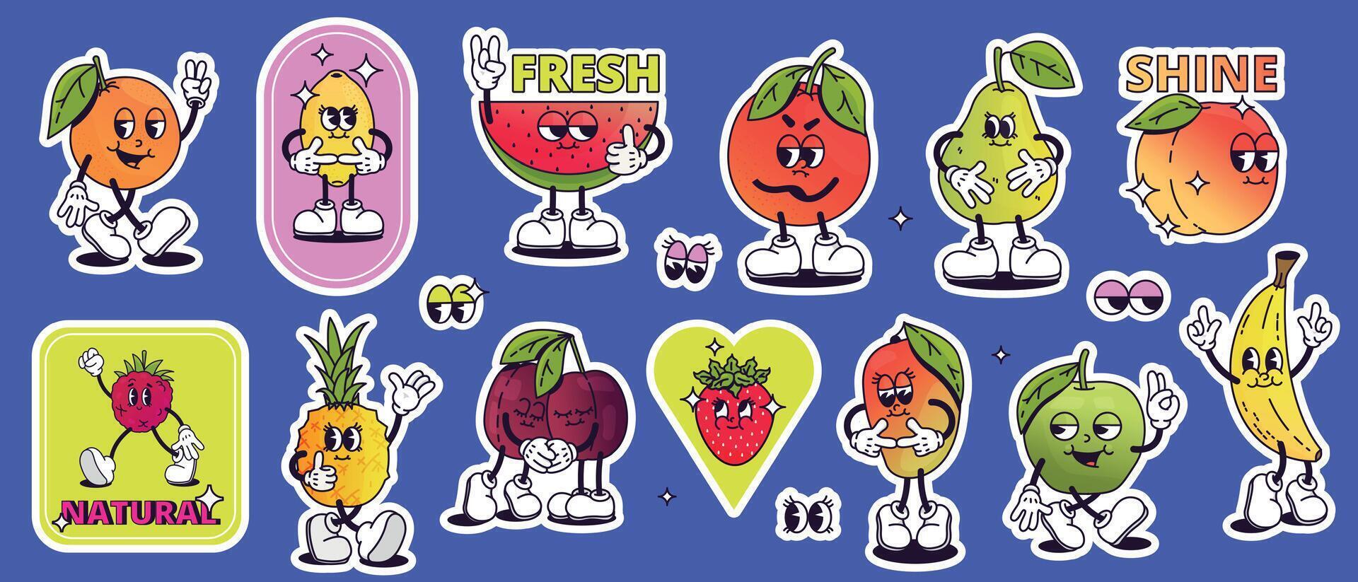 groovy desenho animado frutas adesivos. anos 80 anos 90 funky frutado etiquetas com sorrir face, colorida retro animação elementos para embalagem produtos Projeto. vetor isolado conjunto