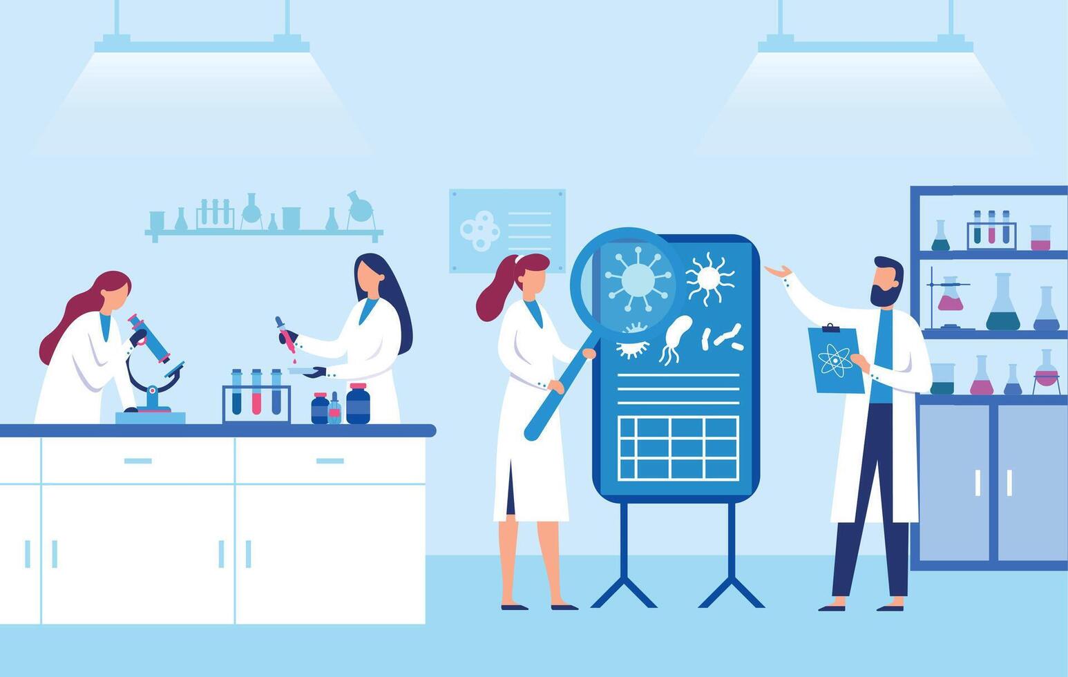 cientistas trabalhos dentro laboratório. homem e fêmea laboratório trabalhadores dentro branco casacos pesquisando vírus elementos com ampliação vidro vetor