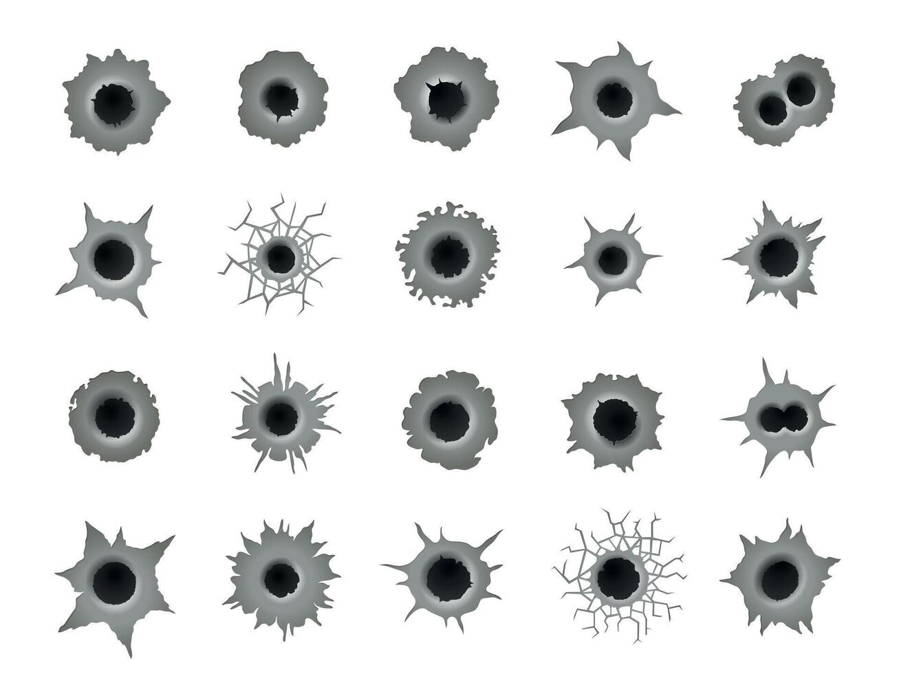 bala buracos. arma de fogo tiro irregular marcas, tiro buraco de bala danificar arma impacto ocos em metal aço superfície Criminoso destruição conceito. vetor conjunto