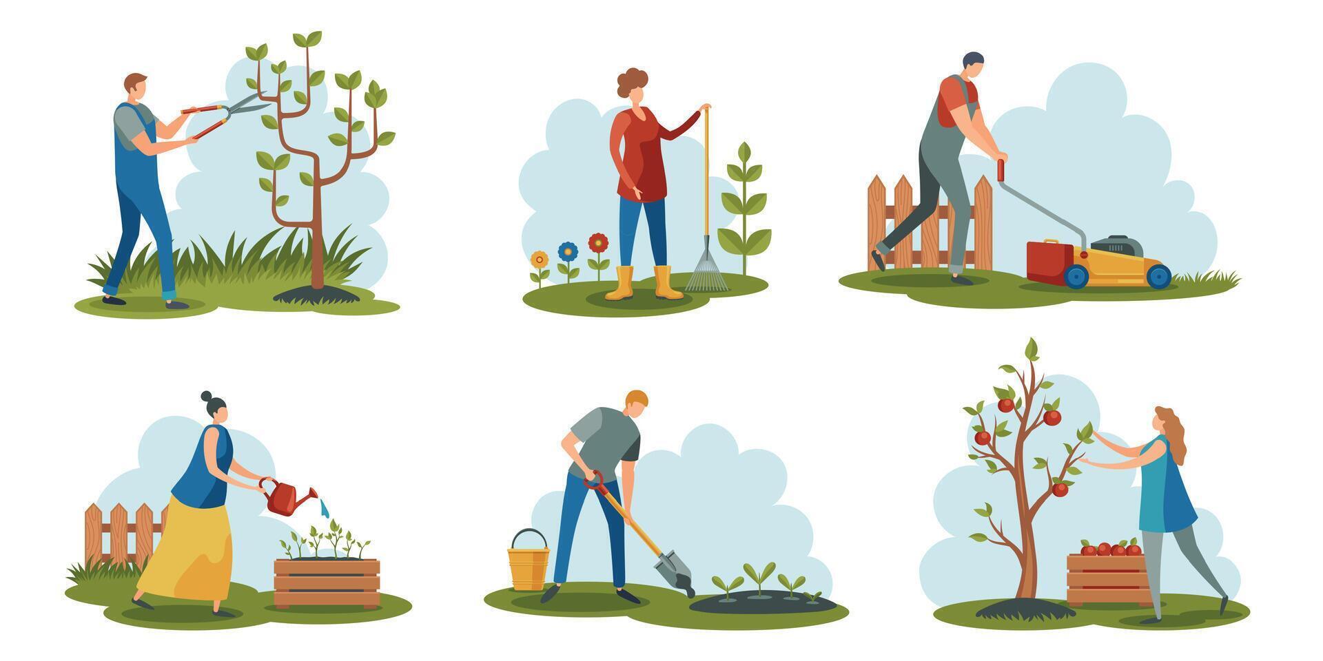 pessoas jardinagem. desenho animado personagens trabalhando com agricultor Ferramentas cultivar plantas, agricultura trabalhadores paisagismo jardim plano estilo. vetor colorida conjunto