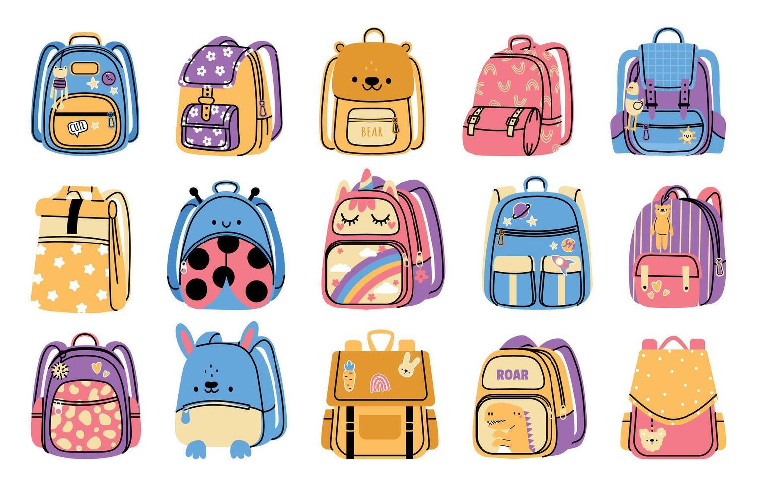 escola mochila. desenho animado colorida crianças saco para escola papelaria e suprimentos, elementar e meio escola equipamento para livros. vetor Educação acessórios conjunto