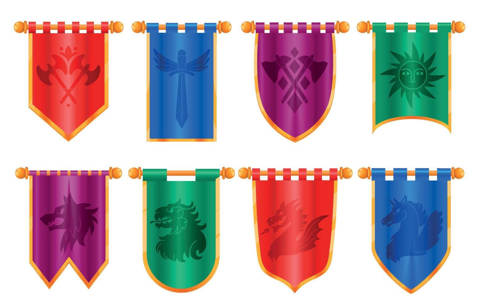 medieval real bandeira. clássico vitoriano bandeiras com antigo cavaleiro galhardete heráldico emblema, desenho animado régio mastro de bandeira para ui jogos aplicativo Projeto. vetor conjunto