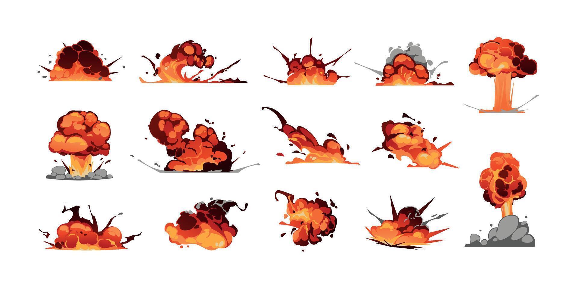 quadrinho explosão efeito. desenho animado bombear explosão e dinamite estrondo gráfico com fogo e fumaça, jogos energia rebentar animação ativo. vetor isolado conjunto