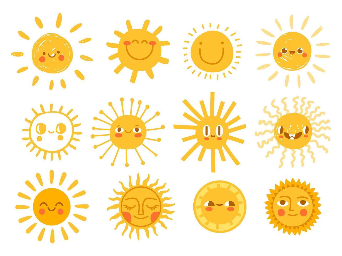 Sol personagens. desenho animado brilho do sol emoji com engraçado rostos. crianças berçário decoração com ensolarado dia projetos. criança feliz manhã vetor conjunto
