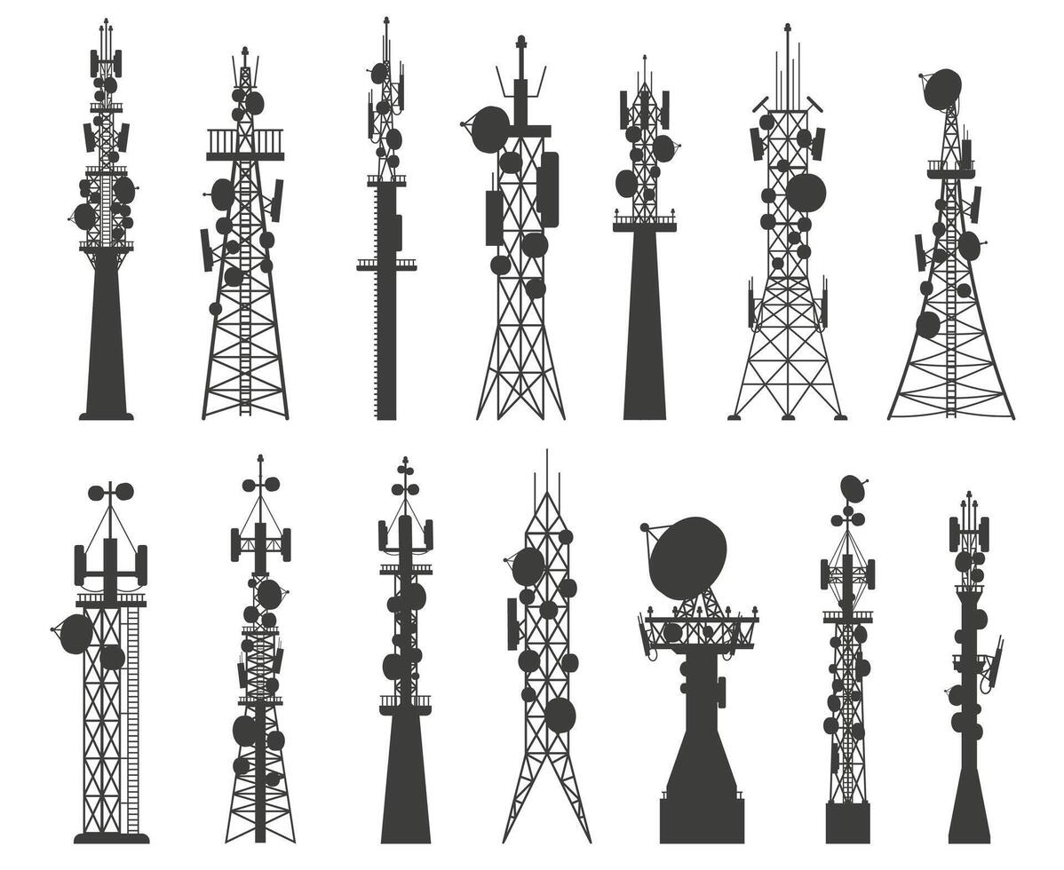 rádio torre silhueta. satélite comunicação antena. telecom rede celular transmissão equipamento. sem fio tecnologia mastros vetor conjunto