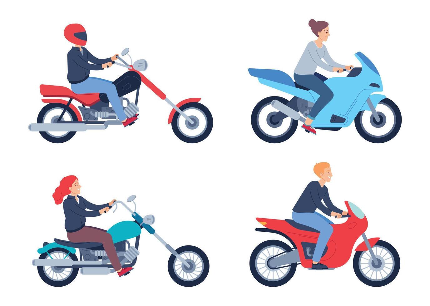 motocicleta cavaleiros. pessoas dentro capacete em lambreta e motocicleta. fêmea e masculino personagens dirigindo esporte e clássico veículos vetor