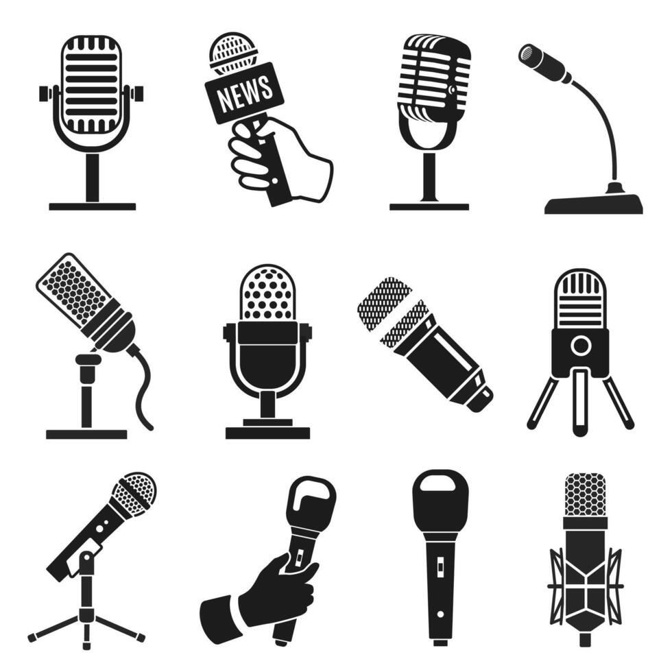 microfone silhueta. moderno e velho vintage microfone ícones. música ou podcast gravação. logotipo elemento para karaokê e rádio transmissão vetor conjunto