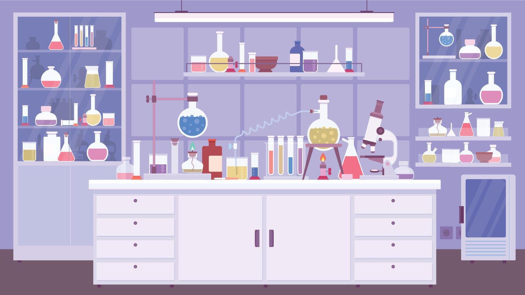 plano químico laboratório quarto interior com cientista equipamento. química Sala de aula ou Ciência laboratório com experimentar em mesa, vetor cena