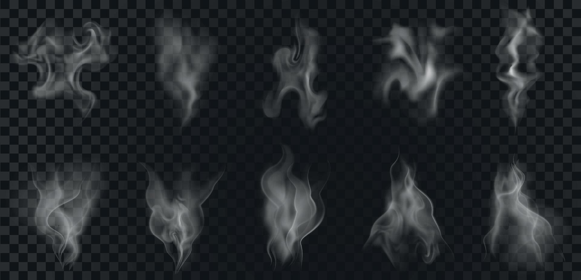 realista quente café vapor, Comida vapor ou fumaça efeito. abstrato aroma ondas, chá vapor, névoa redemoinhos, névoa fluxo e neblina elementos vetor conjunto