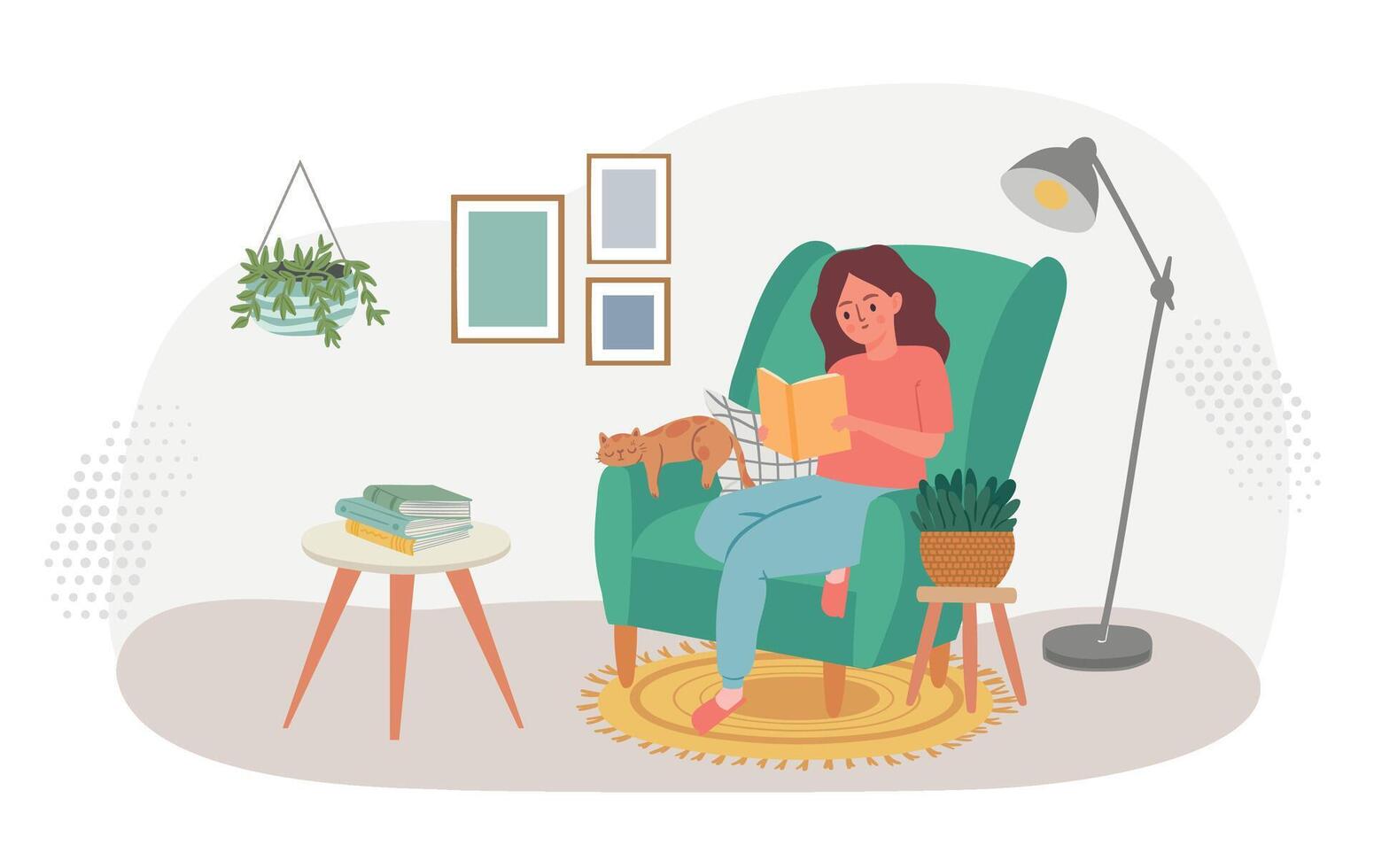mulher lendo livro às casa sentar dentro cadeira vetor