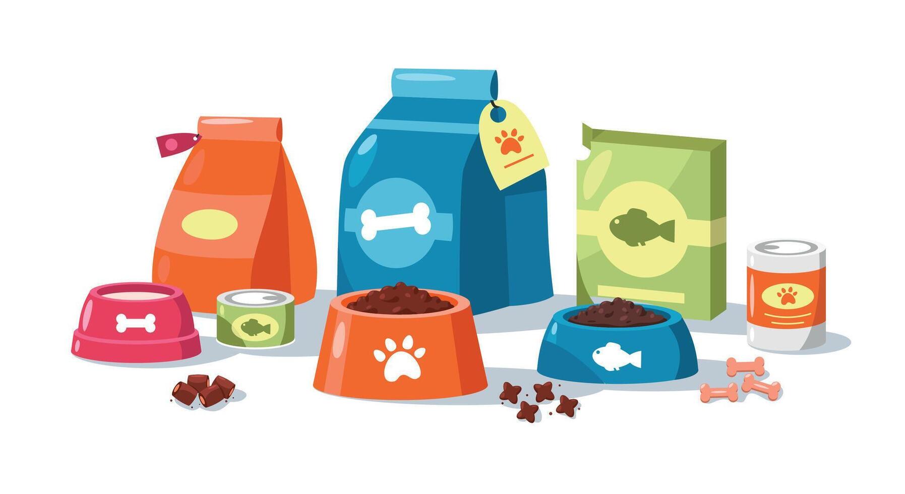 animal alimentação embalagem. desenho animado Comida para gatos e cachorros com brinquedos aliciamento acessórios, doméstico animais alimentando veterinário Cuidado conceito. vetor ilustração