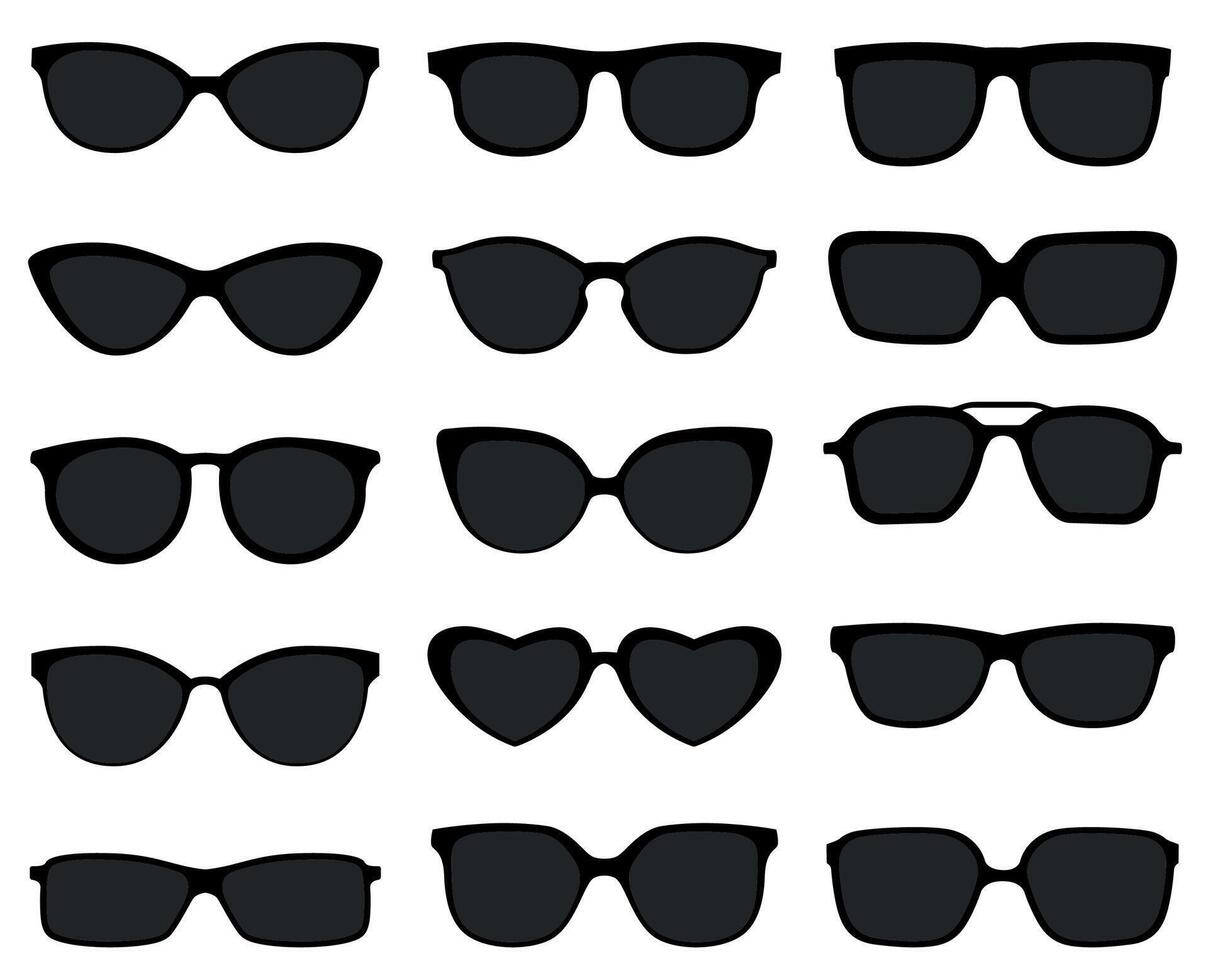 Preto oculos de sol ícone definir. Sombrio ótico óculos e quadros isolado em branco. Preto lente com à moda plástico aros vetor