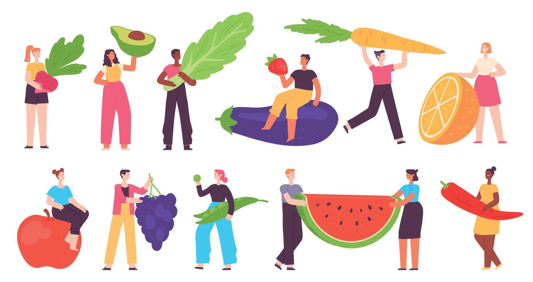 minúsculo pessoas com saudável Comida. homem e mulher levar vegetal e fruta. orgânico fresco Fazenda vegano produtos. desenho animado vegetariano dieta vetor conjunto