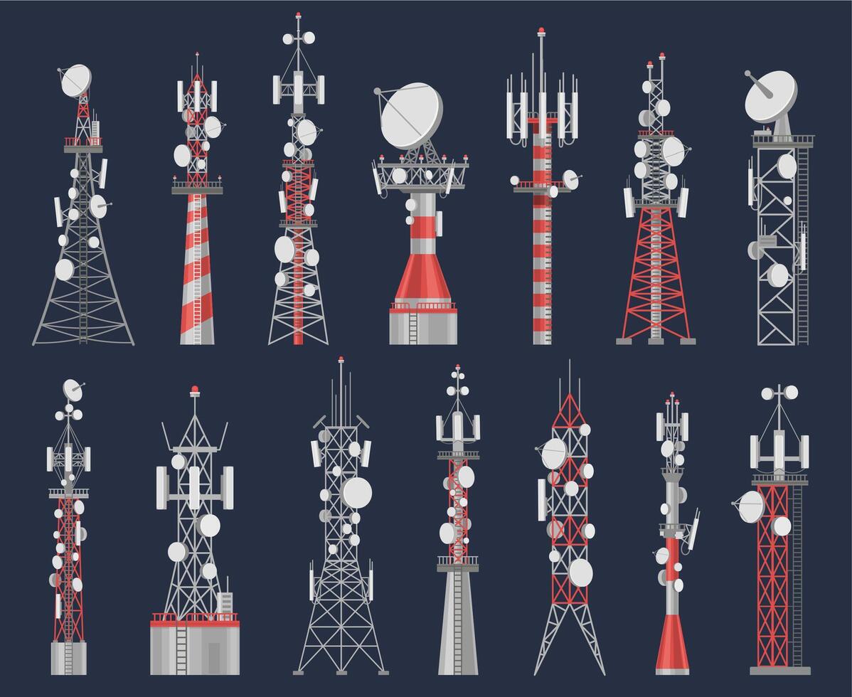 antena torres. rádio torre estação para célula comunicação com sem fio sinal. telecom rede construção para Móvel Internet vetor conjunto